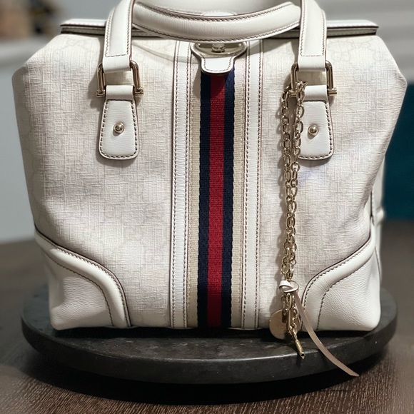 Gucci Handbags - Gucci Bowling Bag - White with Red & Navy Interior.